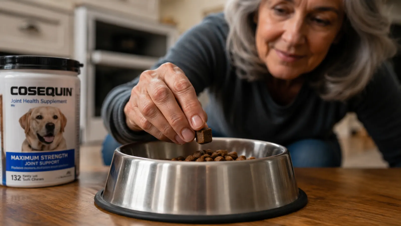 Person placing a glucosamine chew on top of a dog's food bowl