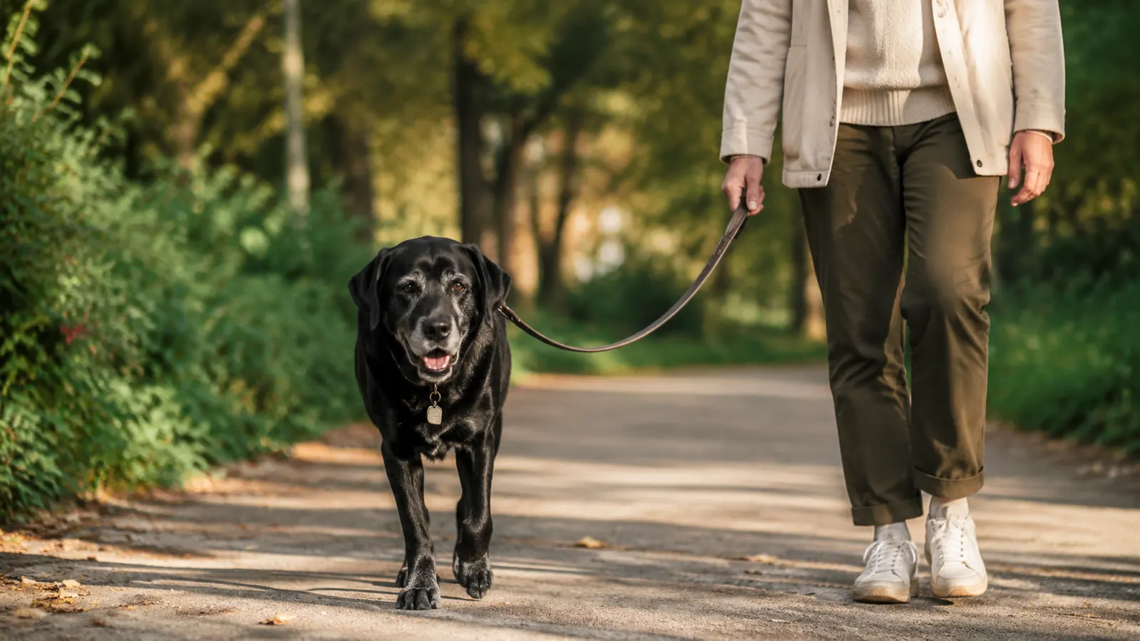 Senior Labrador walking confidently on a leash along a park path