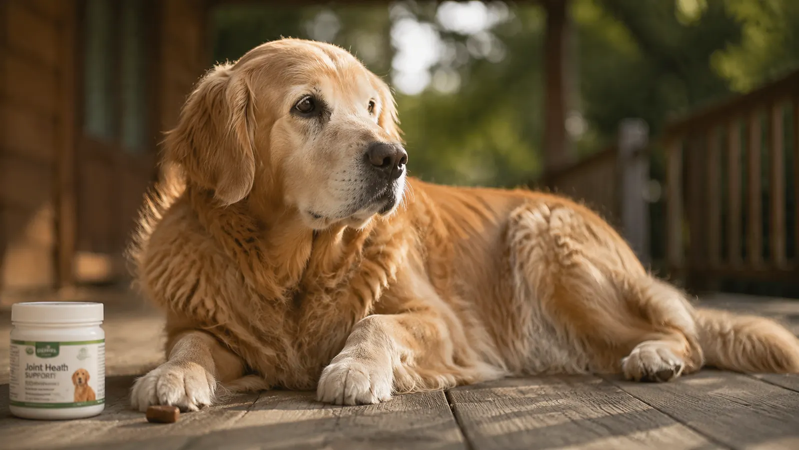 Golden senior dog lying on a sunny porch with a bowl of supplement chews nearby
