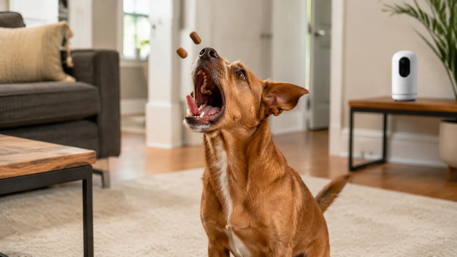 Dog catching a treat mid-air in front of a pet camera treat dispenser