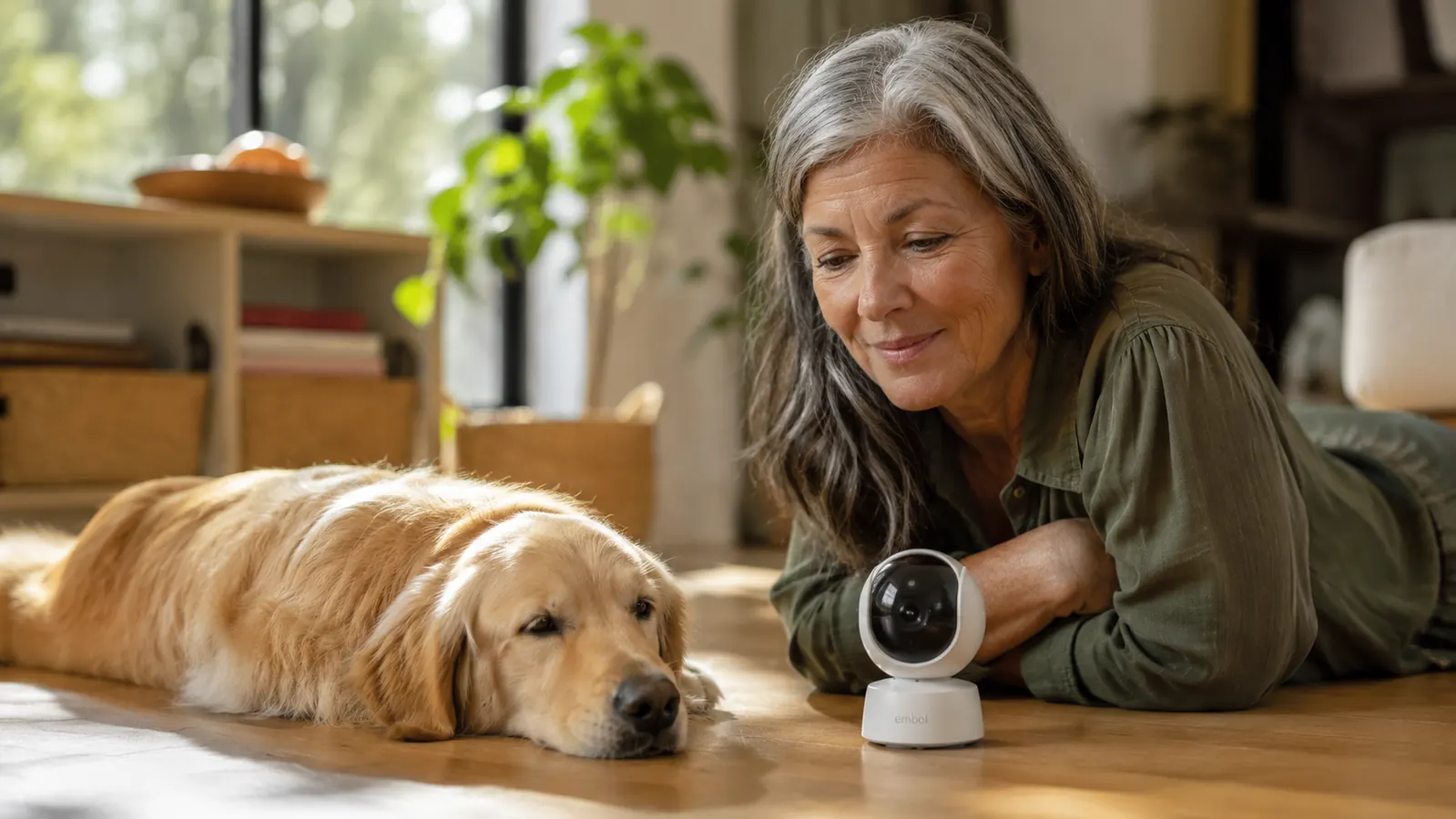 Calm dog resting near a pet camera with 360 degree rotation visible