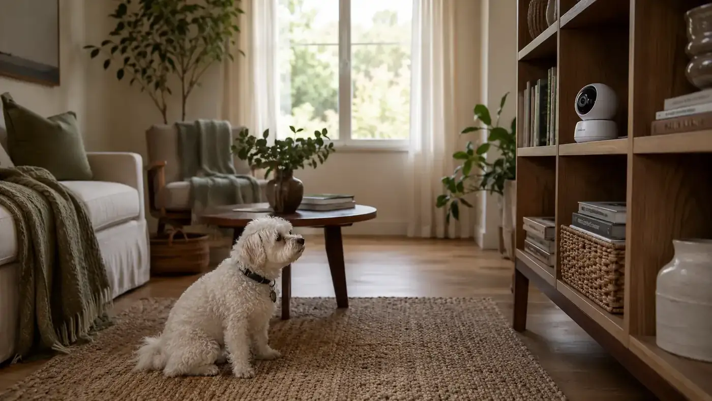 Small white dog sitting in a living room looking up at a compact pet camera on a shelf