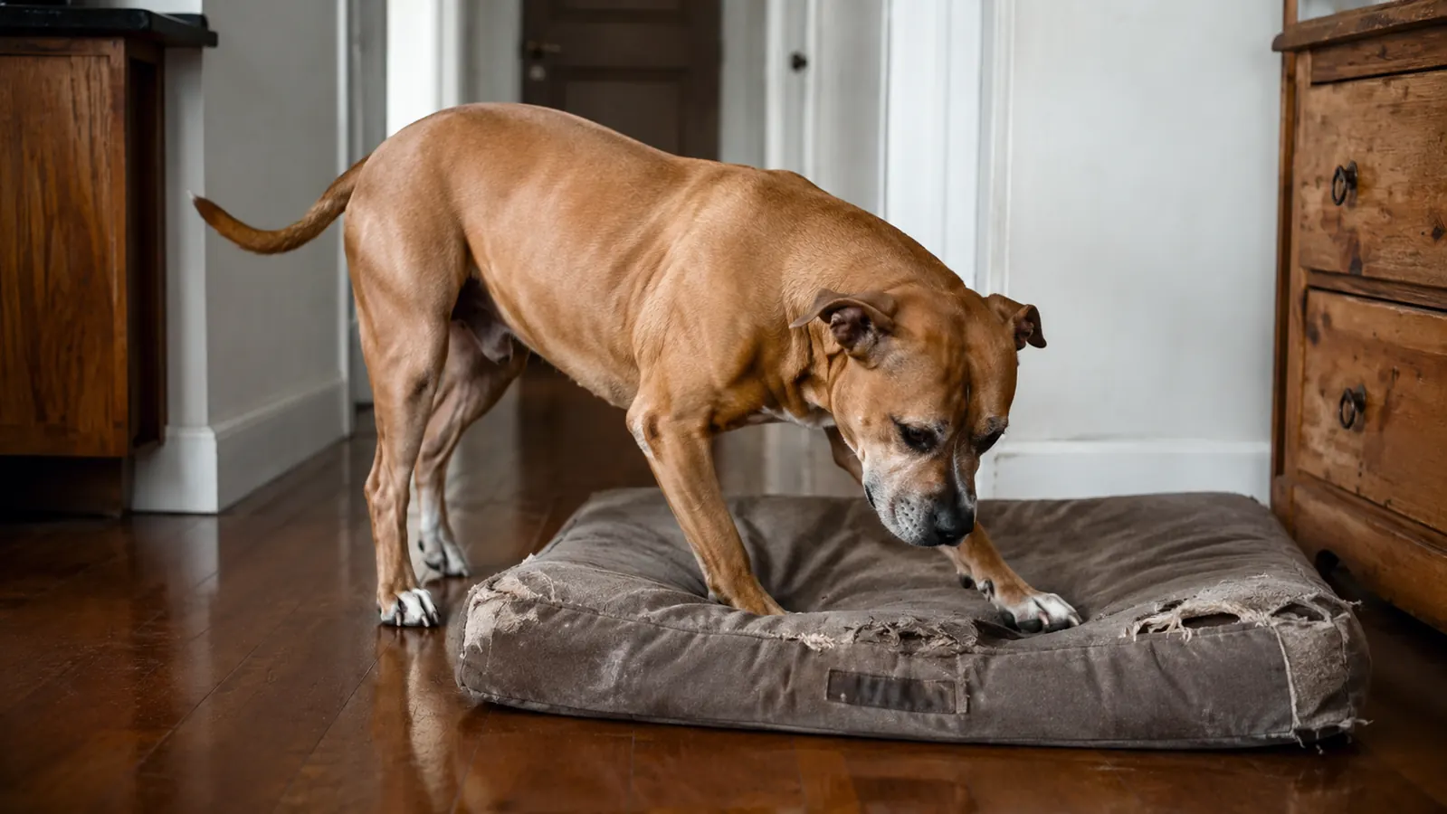 Dog circling and pawing at a flat, flattened pillow bed before lying down with difficulty