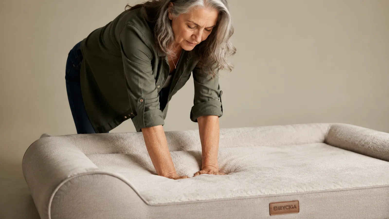Close-up of EHEYCIGA orthopedic dog bed showing thick memory foam layers and waterproof liner
