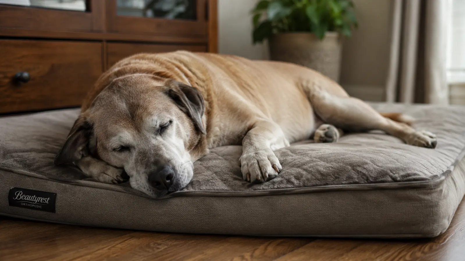 Older dog sleeping deeply and relaxed on an orthopedic memory foam bed