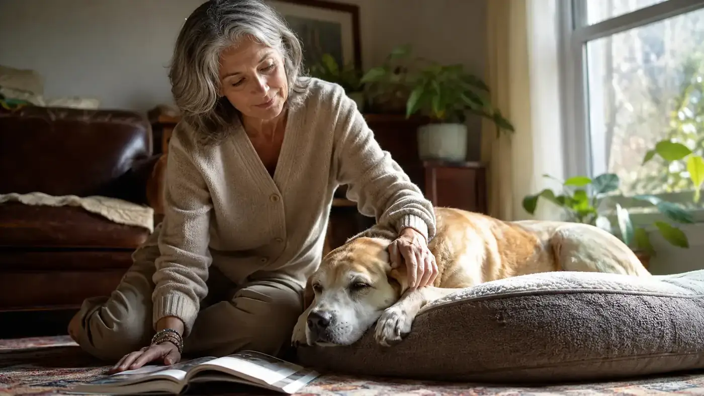 Senior dog lying comfortably on a thick memory-foam orthopedic dog bed in a sunny living room