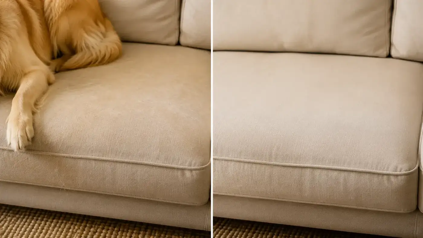 Before and after comparison: couch cushion covered in pet hair next to a clean couch cushion after grooming session
