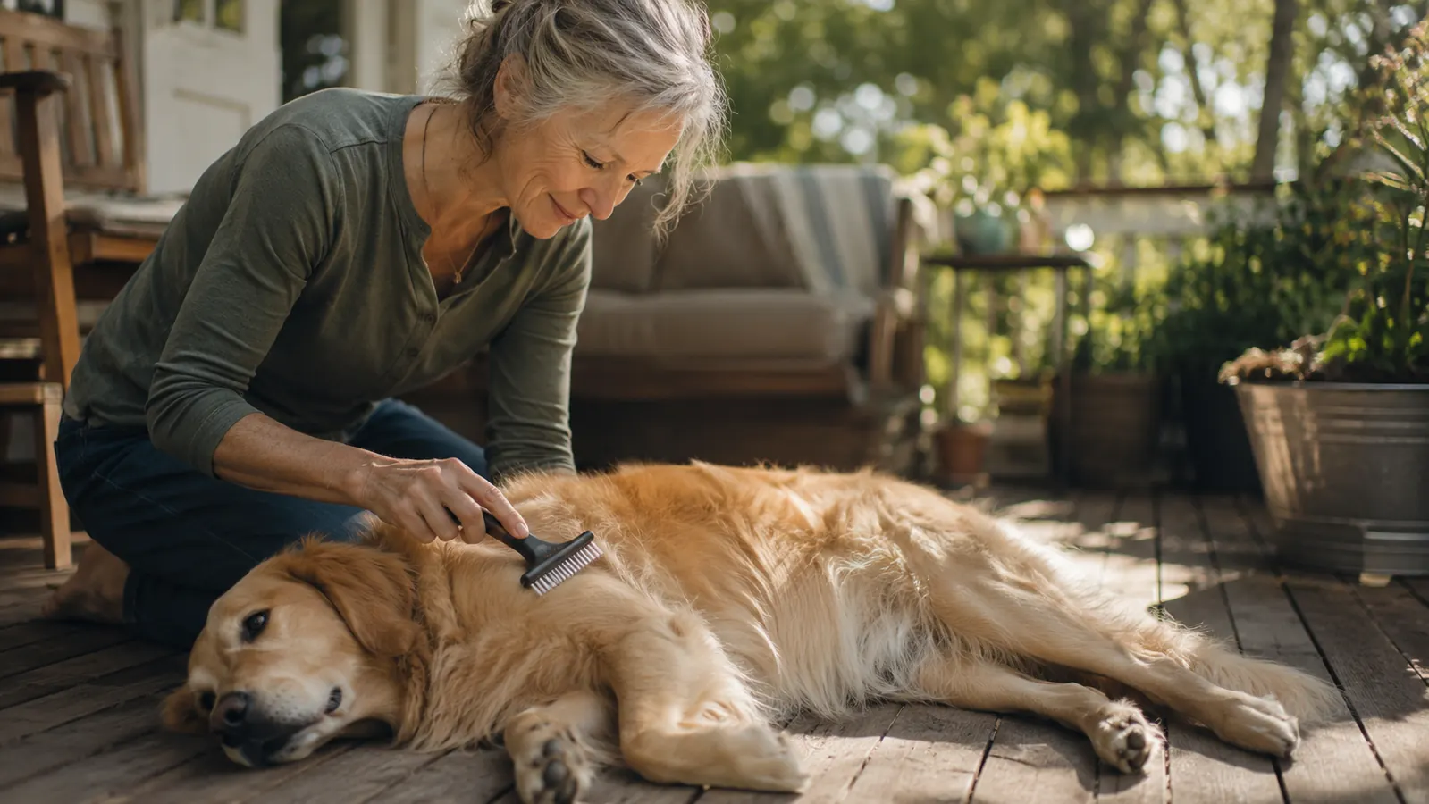 Relaxed Golden Retriever lying calmly while being groomed with a rake tool, tail wagging