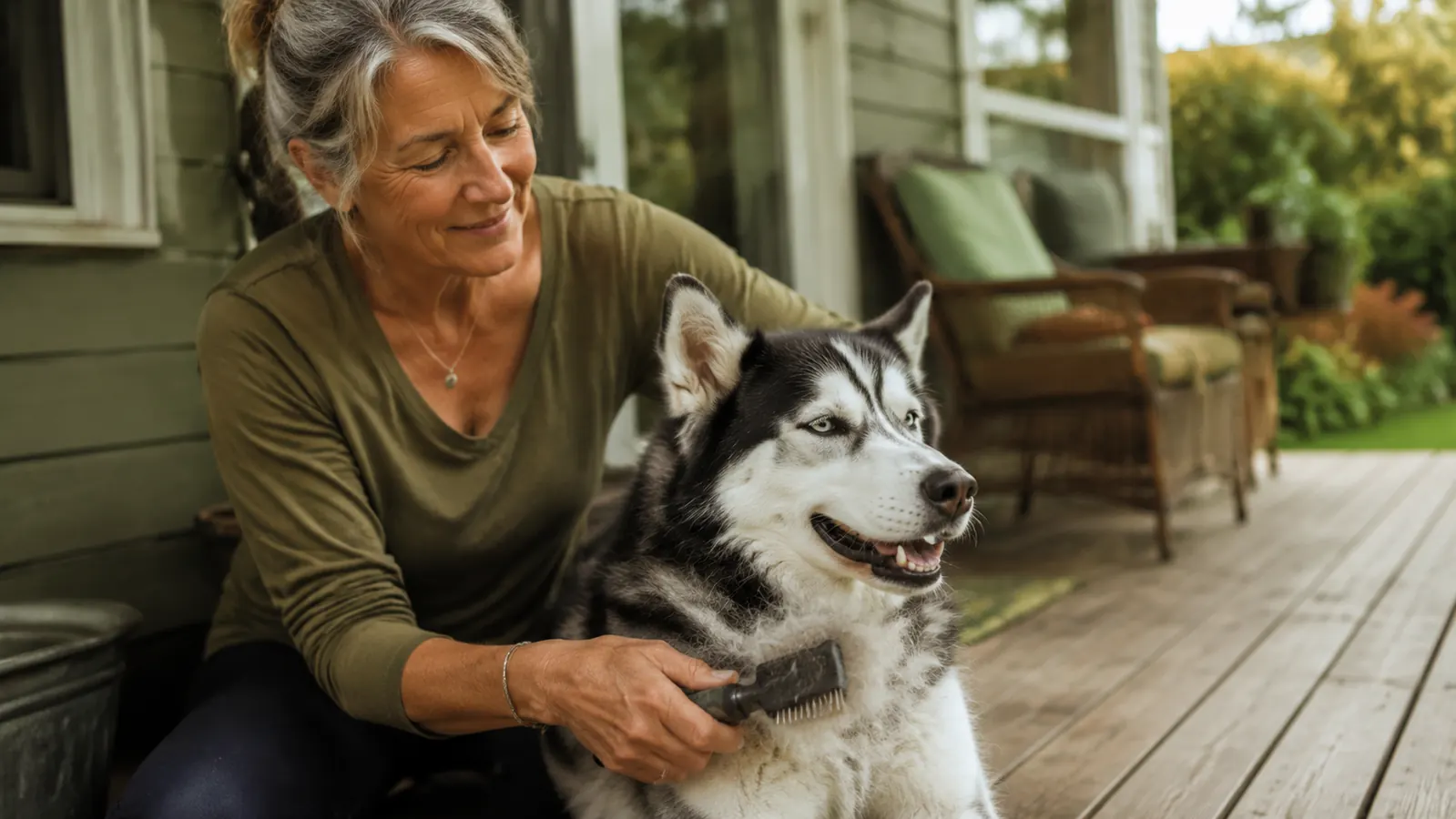 Person grooming a Husky outdoors on a sunny morning, large cloud of loose undercoat visible in the air