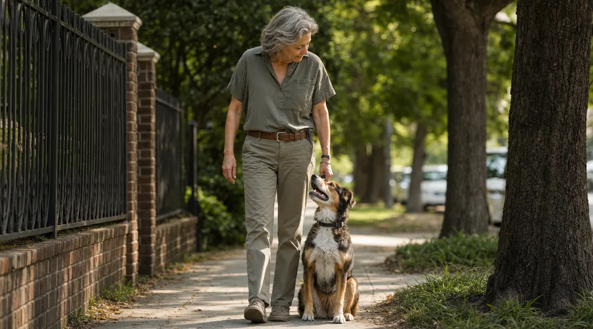 Dog sitting perfectly at heel beside owner on a neighborhood sidewalk, both relaxed and attentive