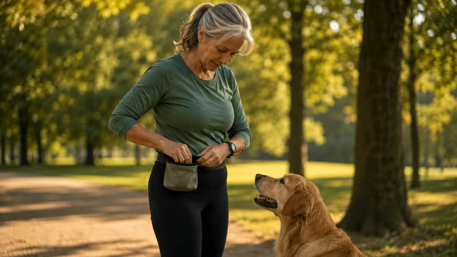 Person clipping a treat pouch to their waist belt before a morning training session at the park