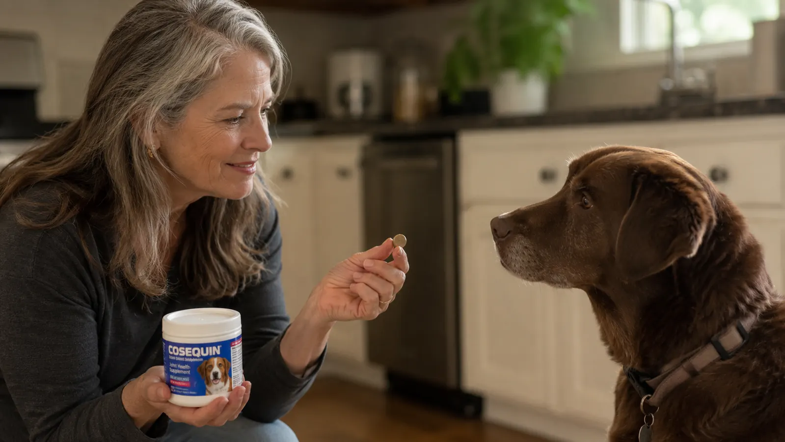 Close-up of Cosequin chewable tablet being offered to a dog from an open palm
