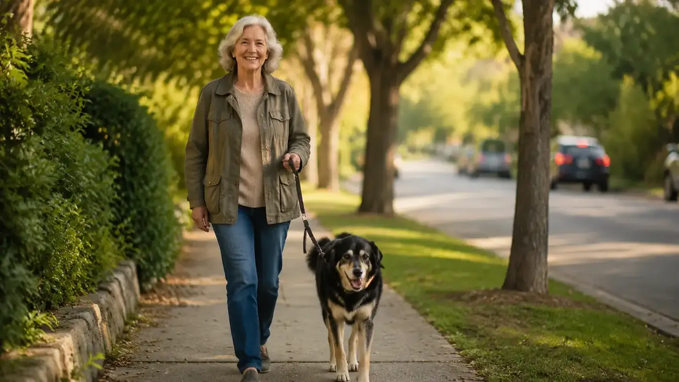 Senior dog walking briskly on a suburban sidewalk beside its owner on a crisp morning