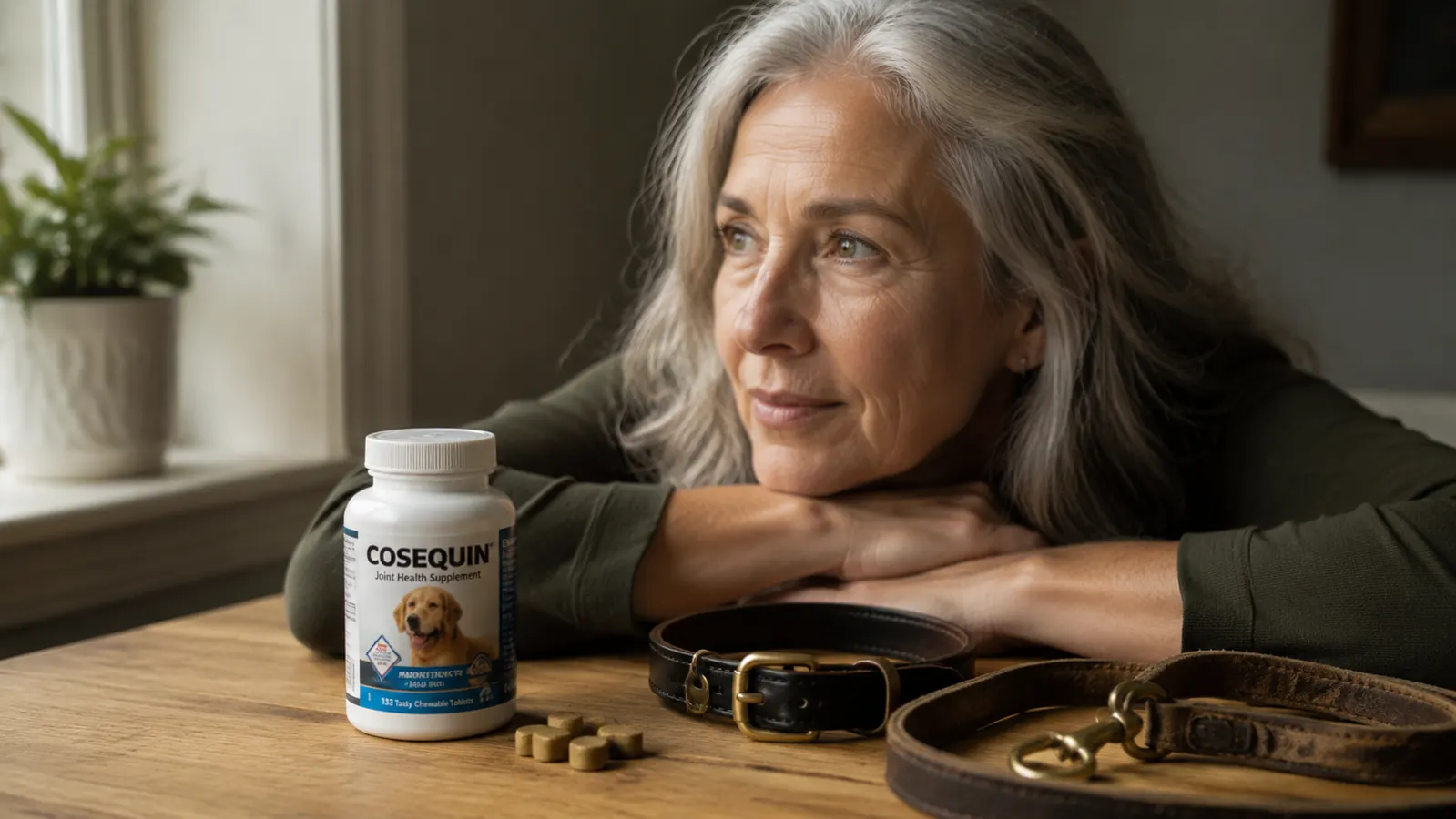 Cosequin bottle and chewable tablets arranged on a wooden surface next to a dog collar and leash