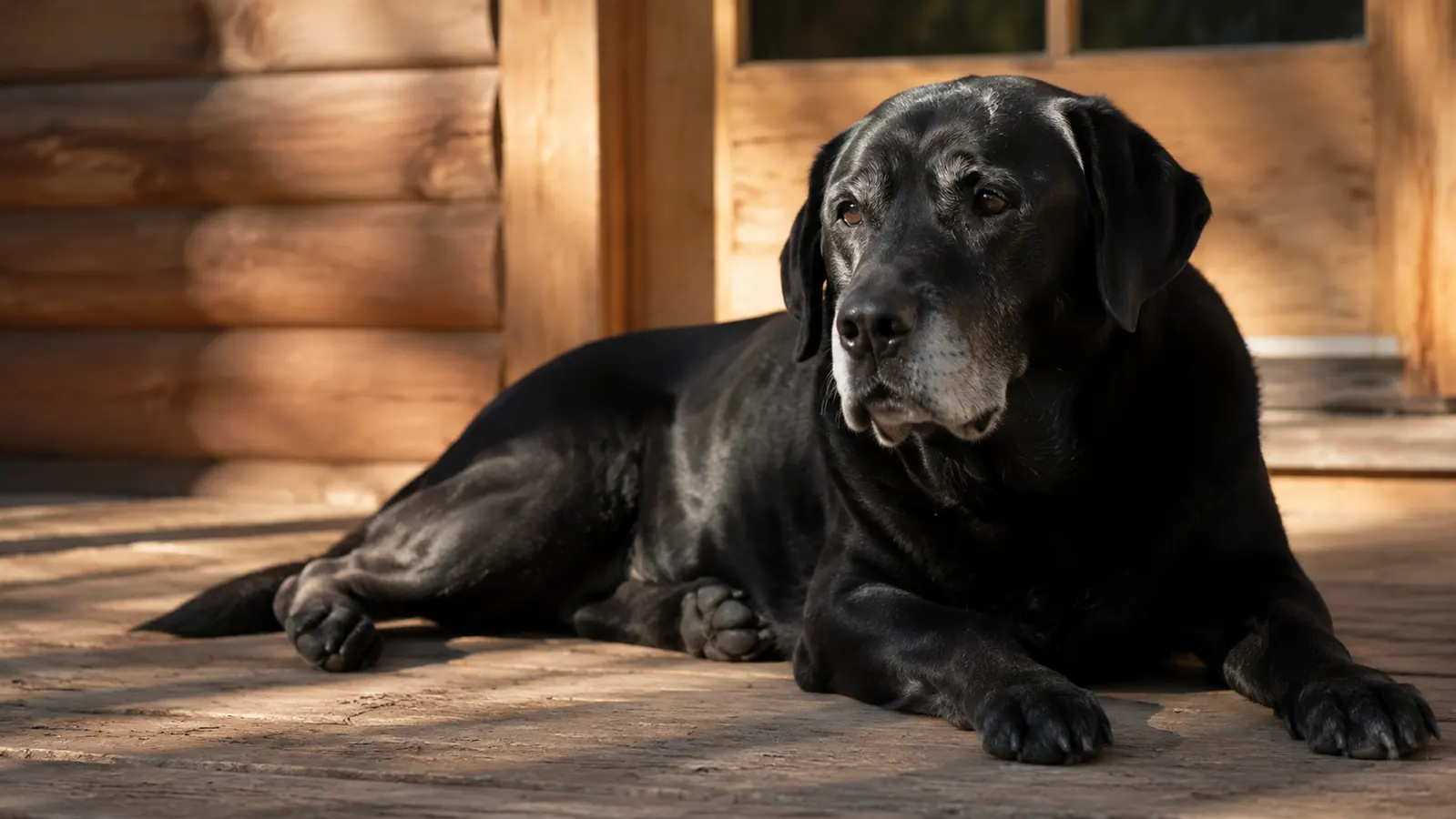 A gray-muzzled Labrador resting comfortably on a sunlit porch, looking calm and relaxed