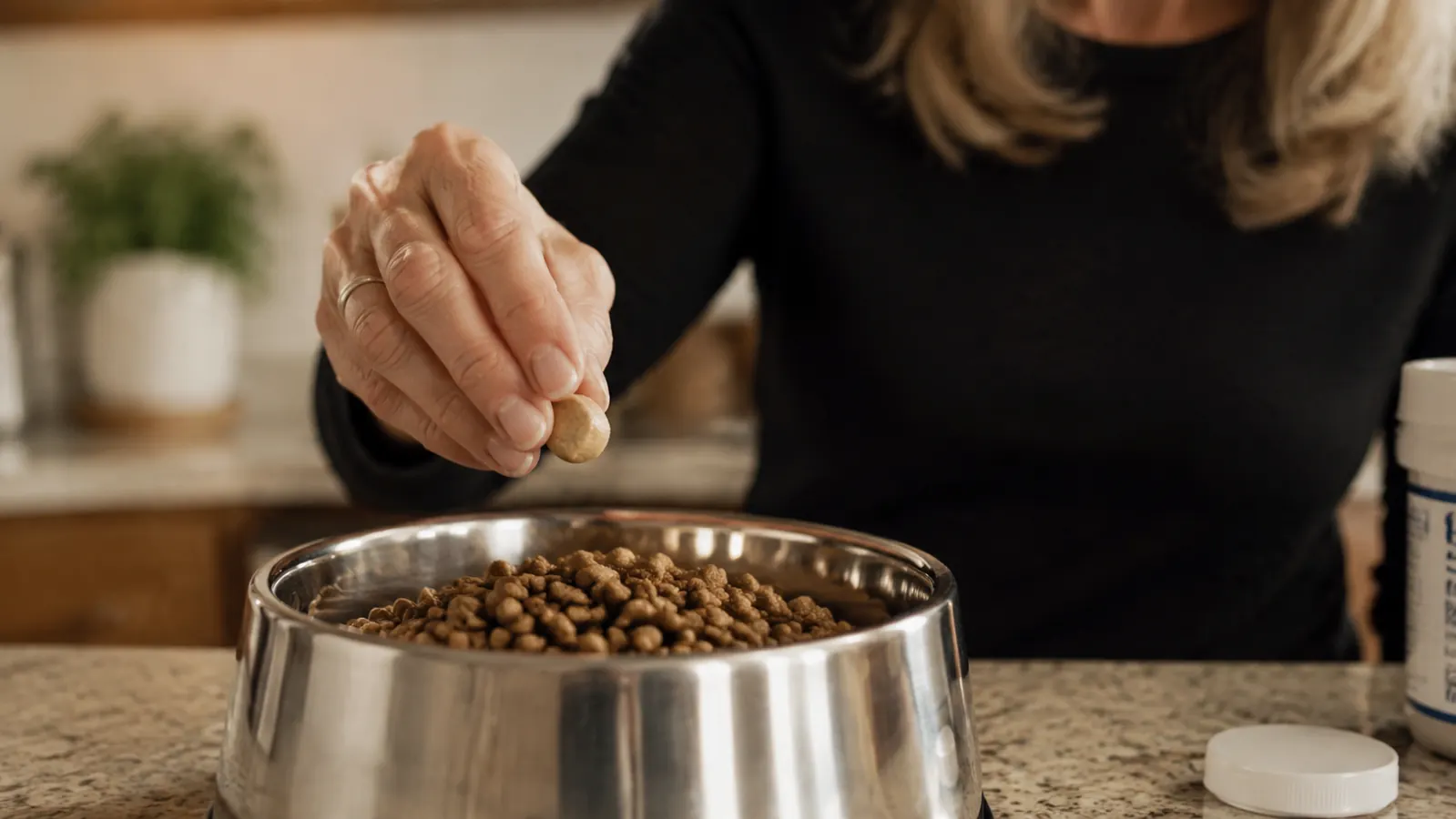 Hand holding a Cosequin chewable tablet over a stainless steel dog bowl filled with kibble