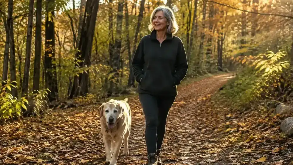 Older yellow Lab and owner walking side by side on a leaf-covered autumn trail