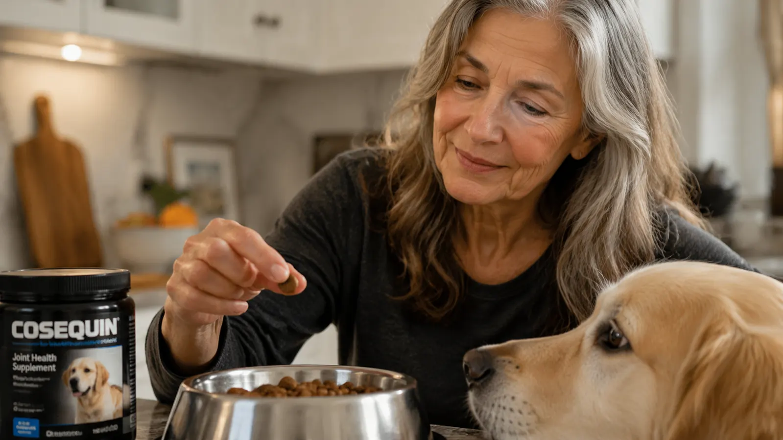 Hand holding a Cosequin chew over a stainless steel dog bowl filled with kibble, kitchen countertop in the background
