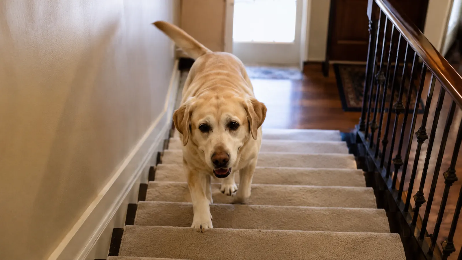 Yellow Labrador walking up carpeted stairs with tail raised, photographed from below the staircase