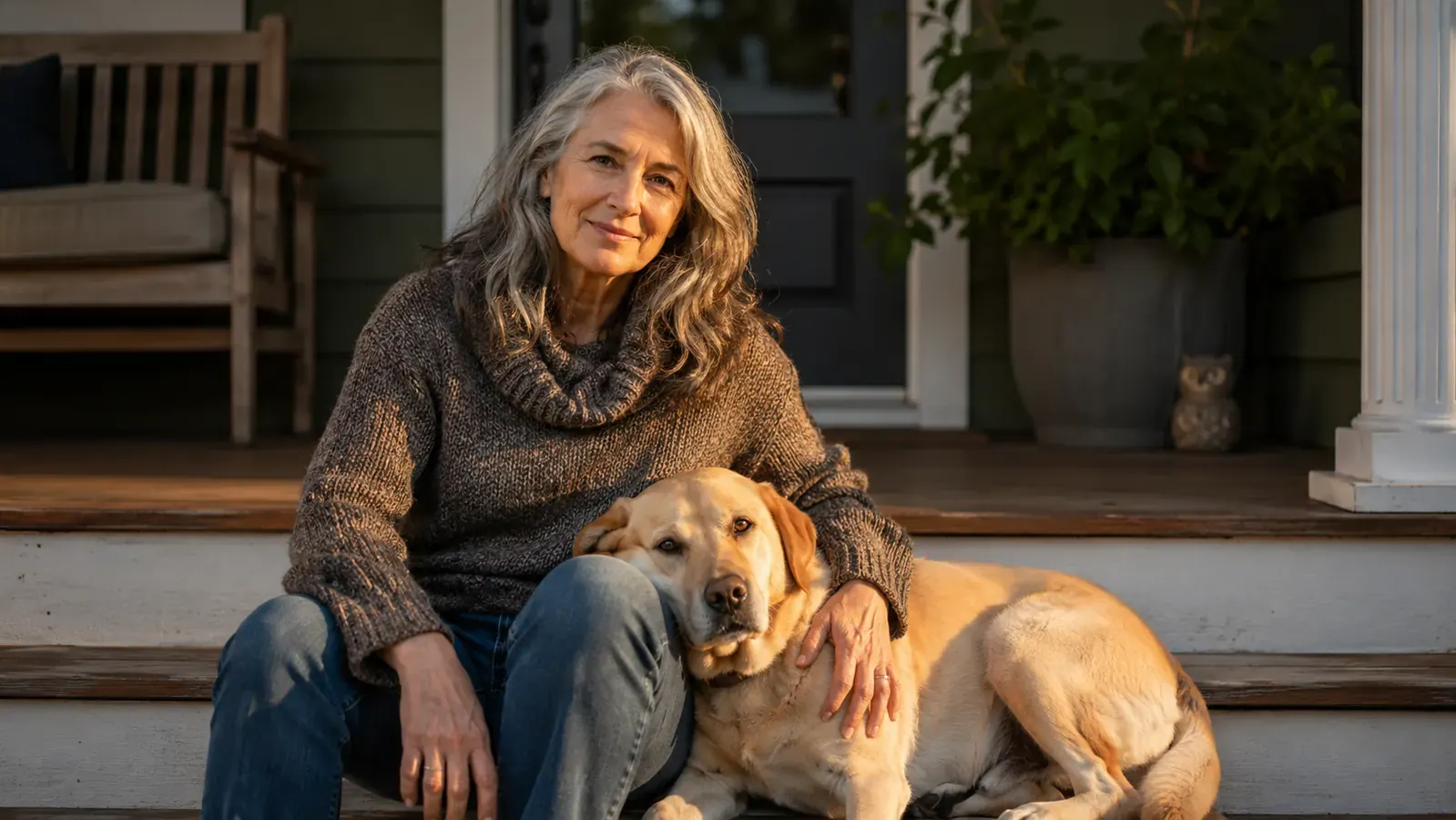 Woman and yellow Labrador sitting together on a porch step at dusk, dog leaning into the woman