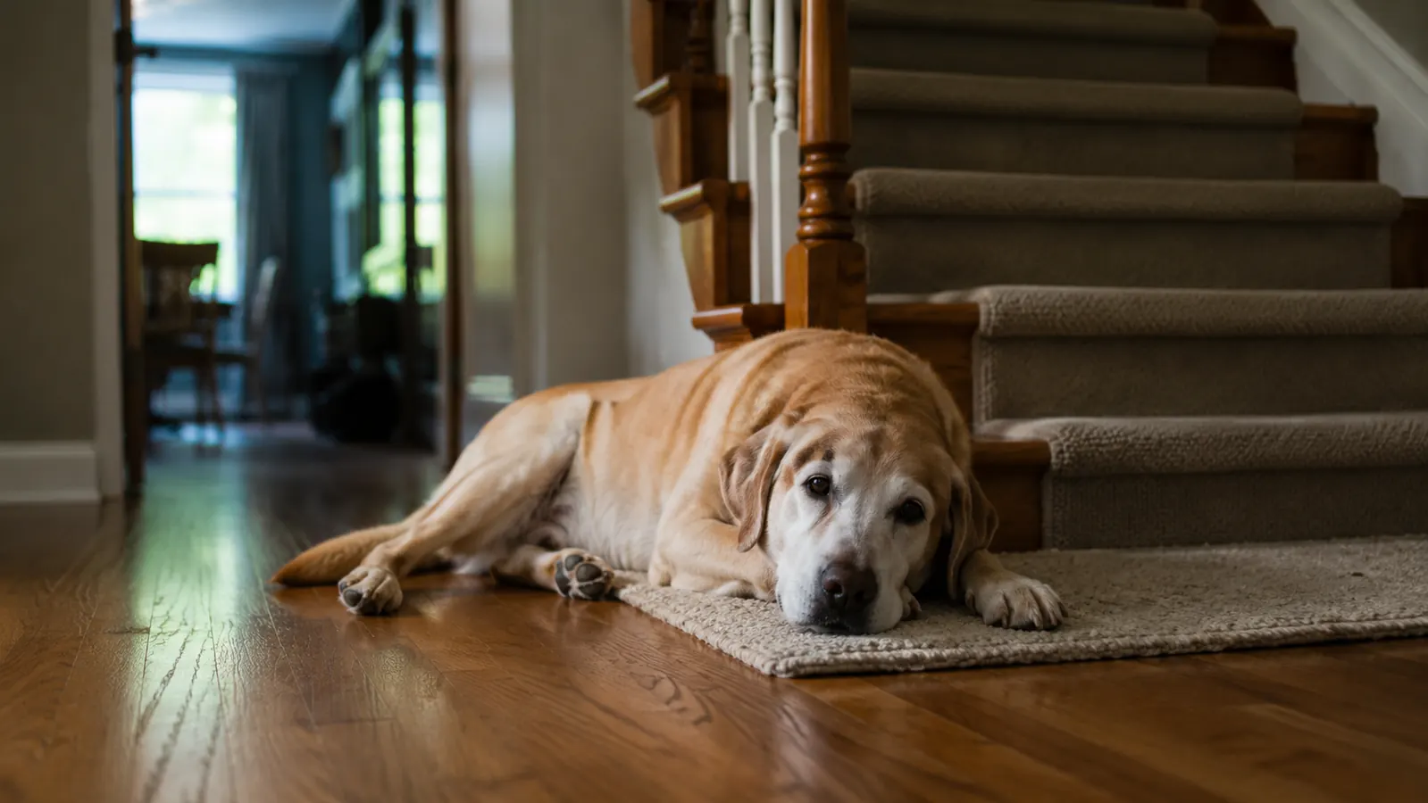 Yellow Labrador lying at the bottom of a wooden staircase, looking upward with a calm expression, soft morning light through a window