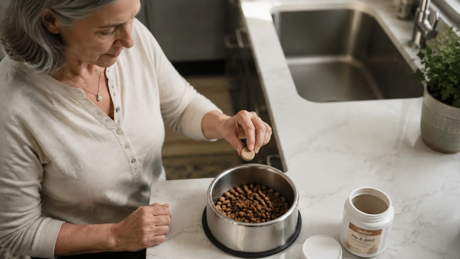 Close-up of a hand holding a Cosequin chew tablet next to a bowl of dog kibble