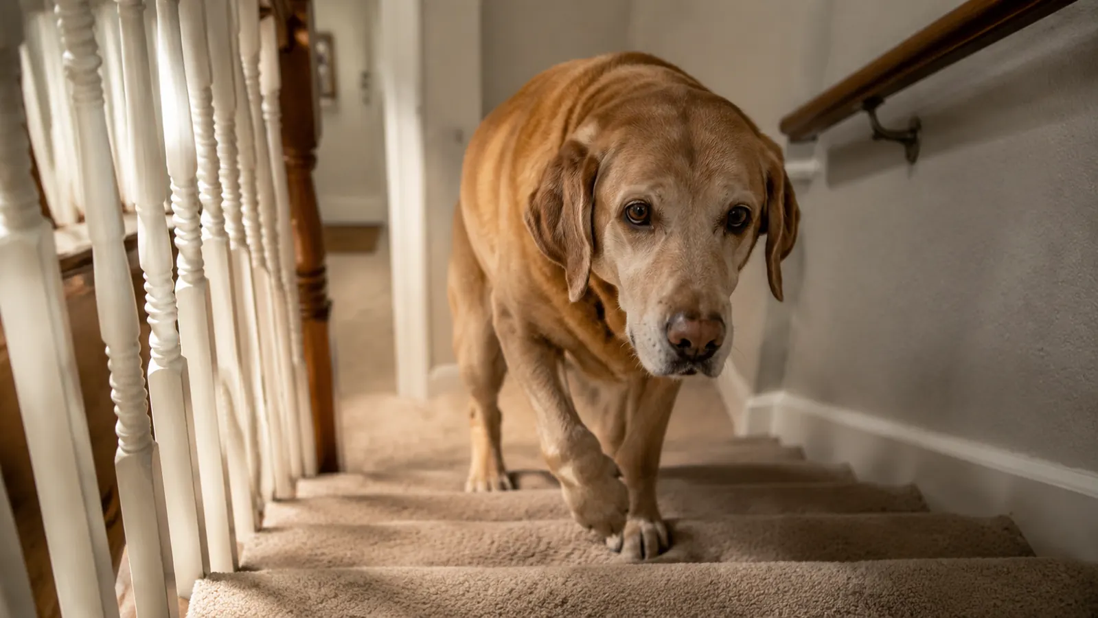 Senior dog walking comfortably up a staircase inside a home