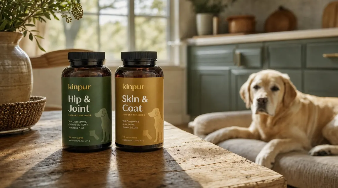 Two supplement bottles side by side on a wooden table near a sunny window, one labeled Cosequin and one labeled Dasuquin, with a senior Labrador resting in the background