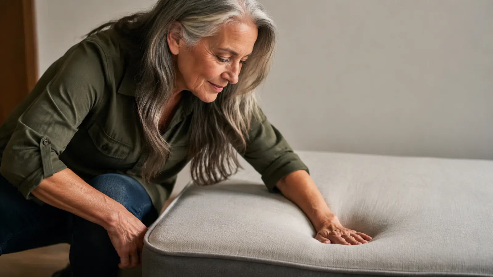 Hand pressing down on a memory foam dog bed surface to demonstrate foam density and recovery