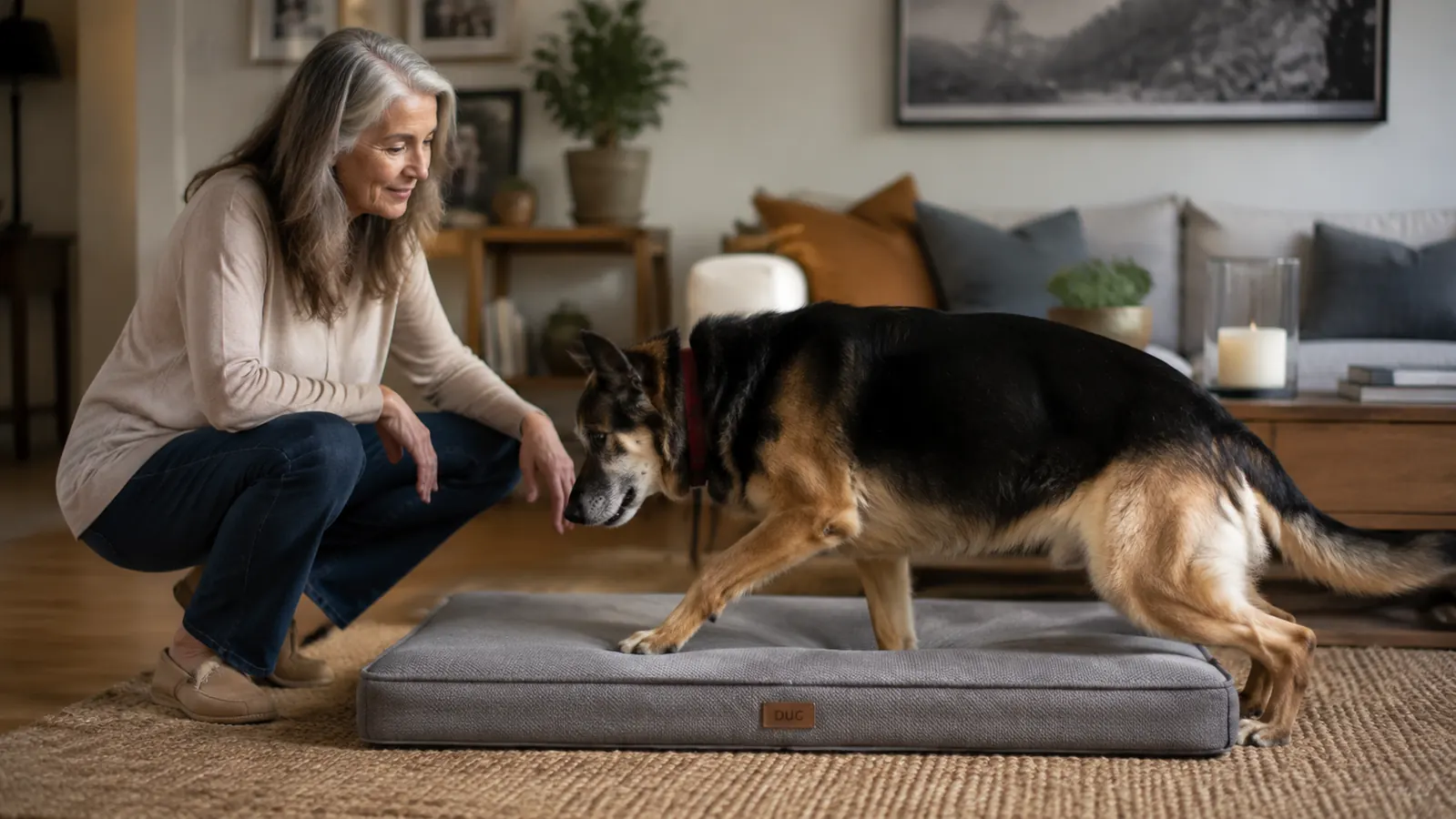 Senior German Shepherd stepping onto a low-profile orthopedic dog bed, viewed from the side