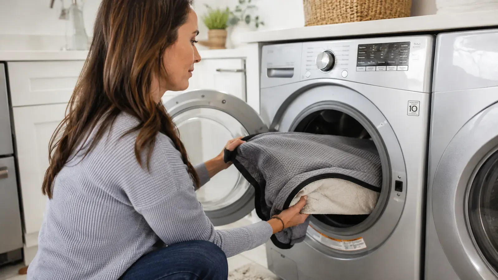 Removable dog bed cover in a washing machine, demonstrating washability