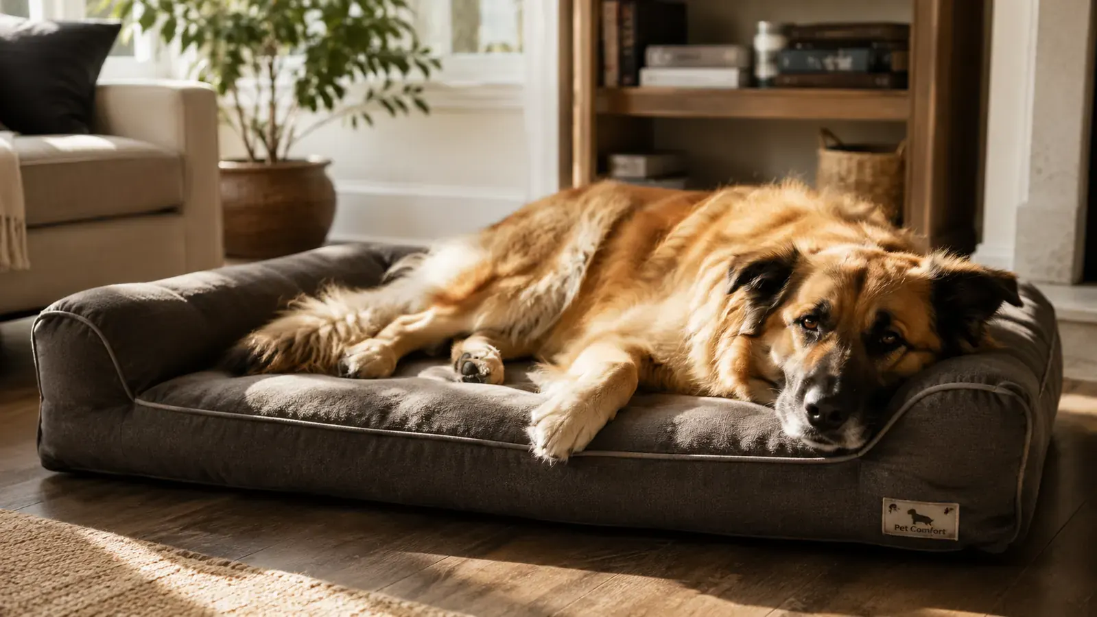 Large brown dog resting on a gray orthopedic memory foam bed in a bright living room, morning light through a window