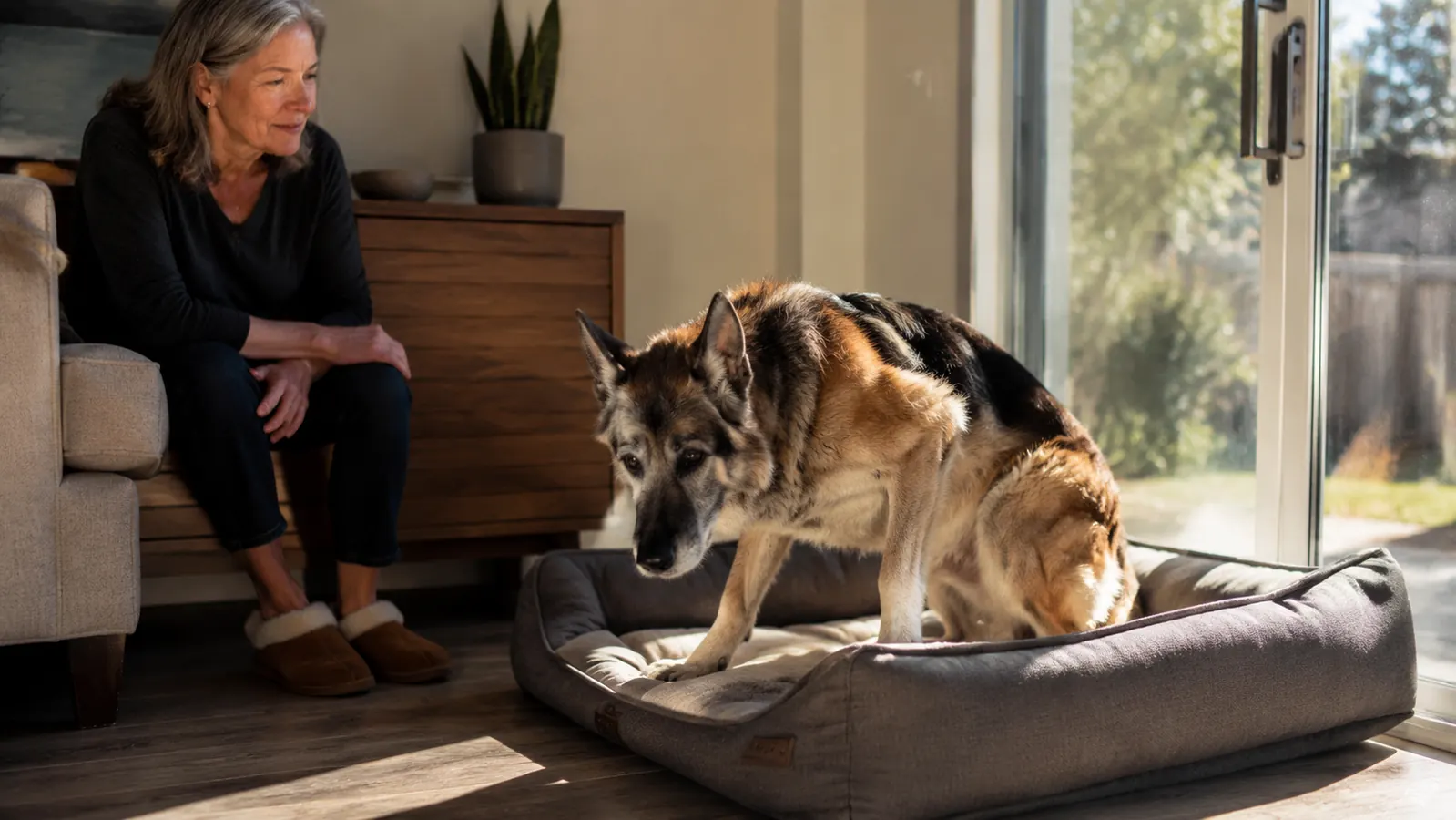Senior German Shepherd getting up easily from an orthopedic dog bed near a sunny patio door
