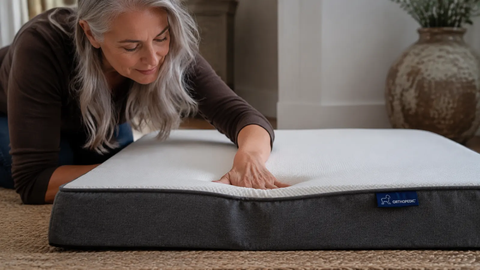 Close-up of a person pressing down on orthopedic memory foam dog bed material to demonstrate density and resilience