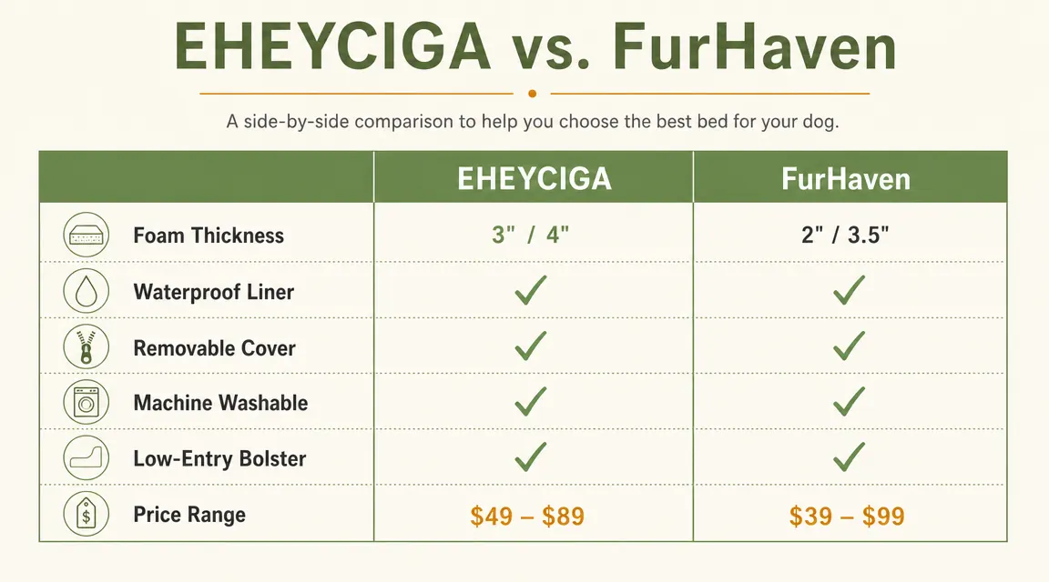 Side-by-side comparison chart showing EHEYCIGA and FurHaven dog bed specs including foam thickness, waterproofing, and cover material