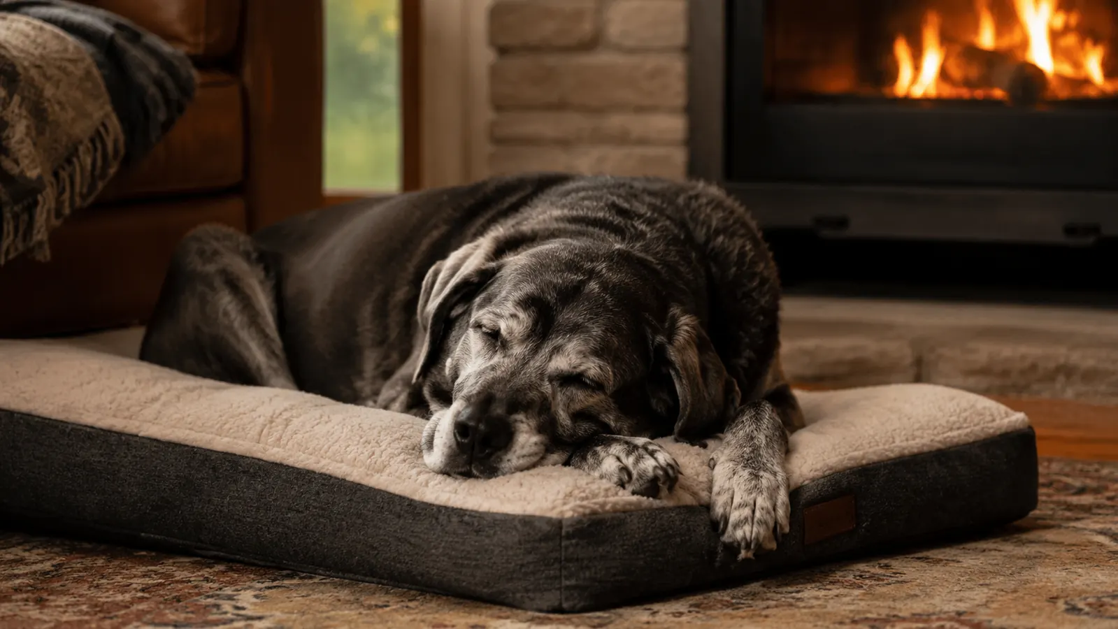 Older large-breed dog with graying muzzle resting peacefully on an orthopedic dog bed near a fireplace