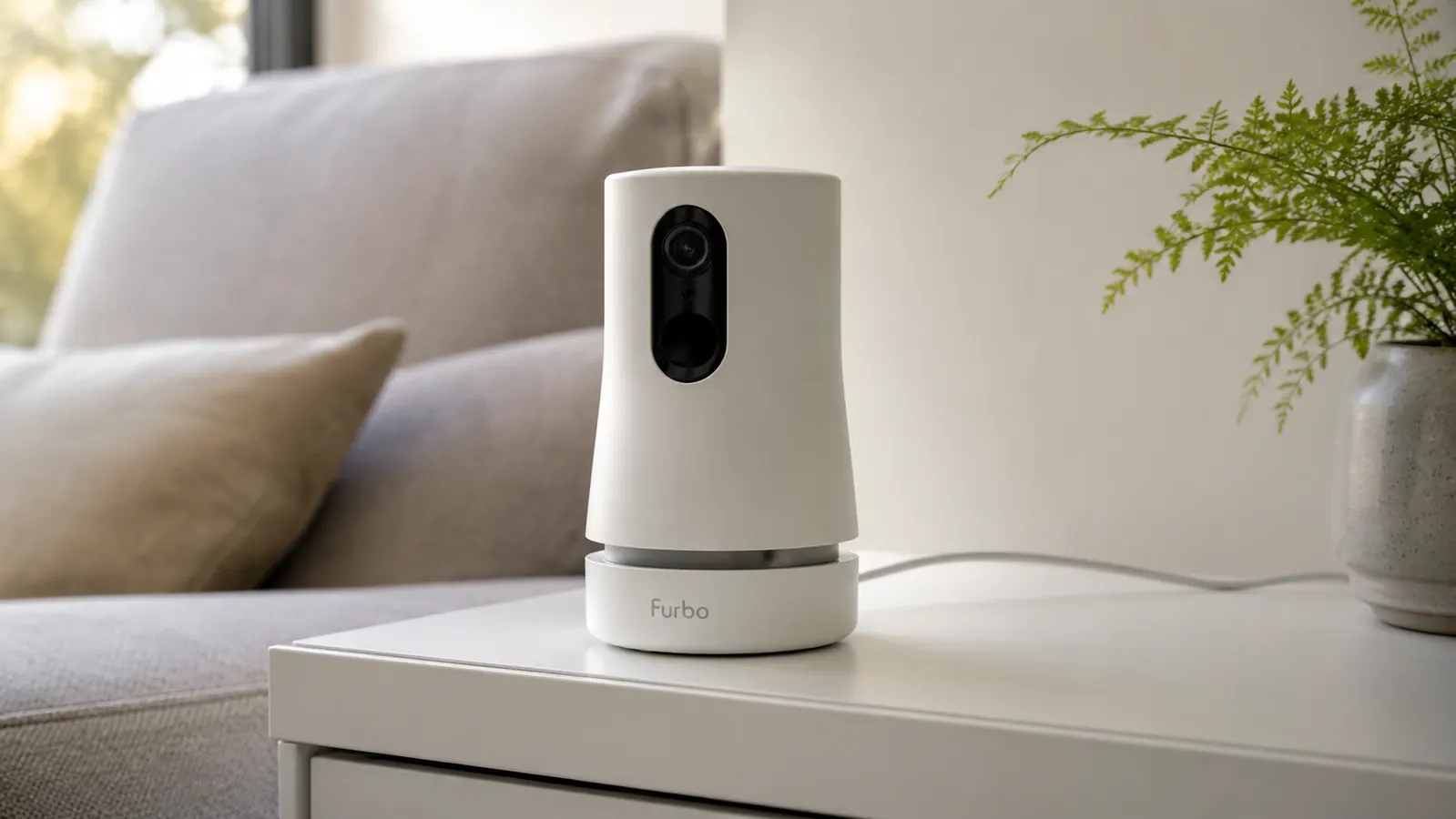 Close-up of the Furbo Mini 360 camera lens and rotating base on a white side table