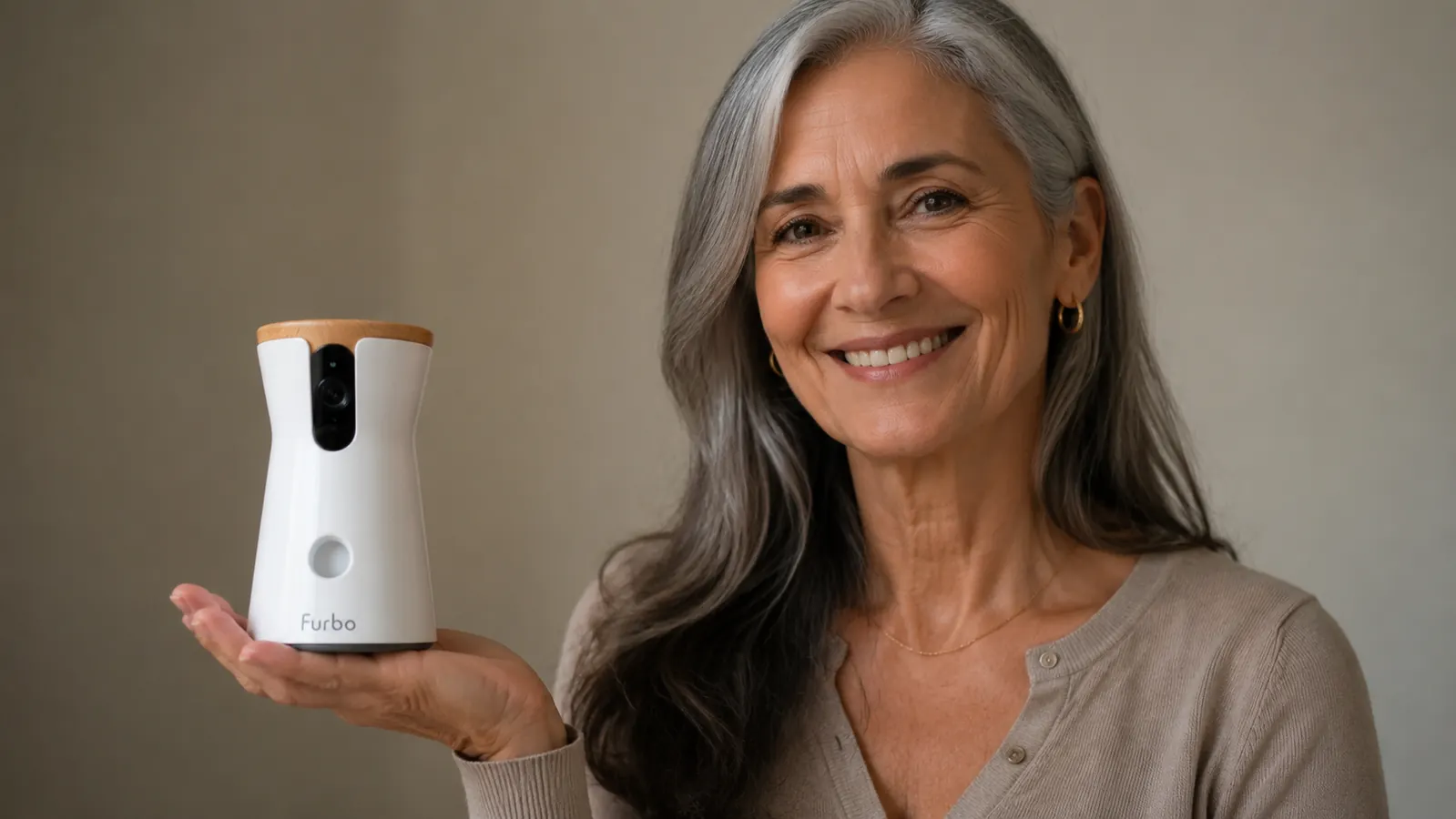Person holding the Furbo Mini 360 camera against a white background, showing its compact size relative to a hand