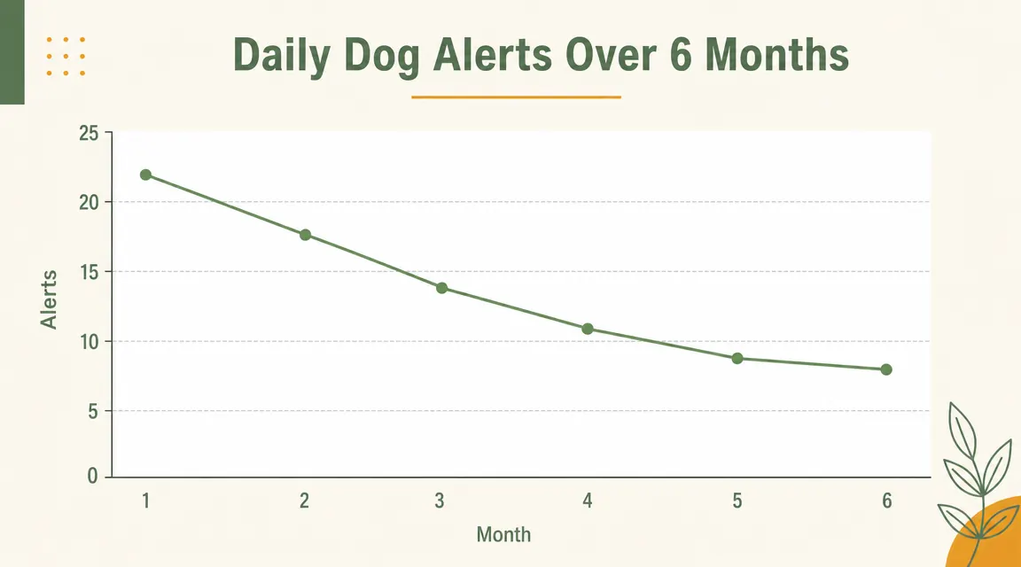 Chart showing dog alert frequency per day over six months of Furbo Mini 360 use, declining trend line