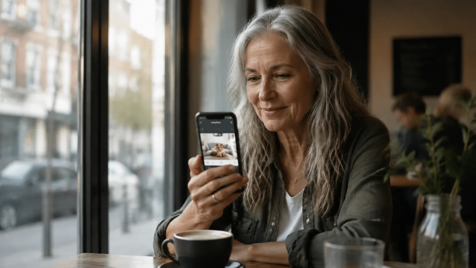 Dog owner checking their phone app showing a live view of their dog at home