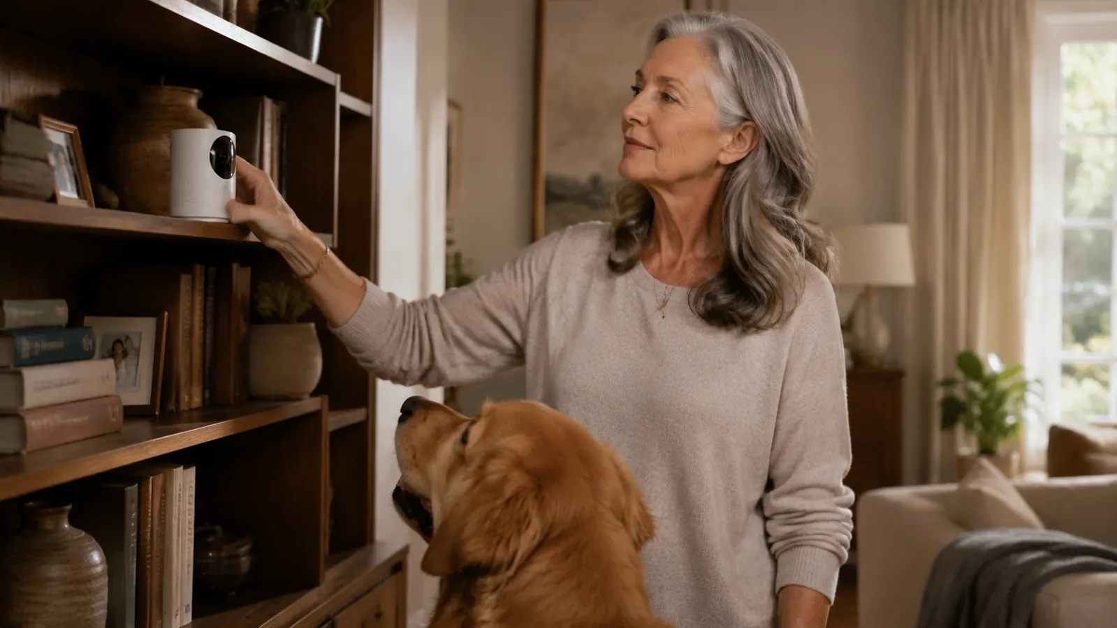 Furbo Mini 360 pet camera on a wooden shelf with a curious golden retriever looking up at it