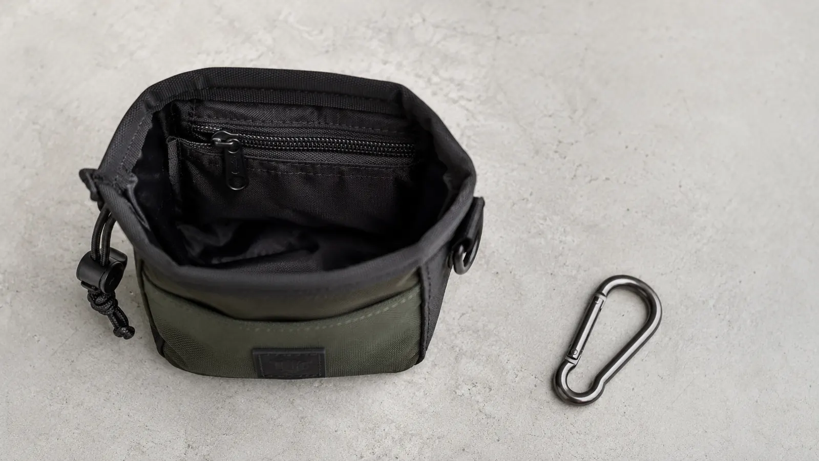 Side-by-side comparison of the Gobeigo treat pouch showing inner pocket layout and belt clip detail