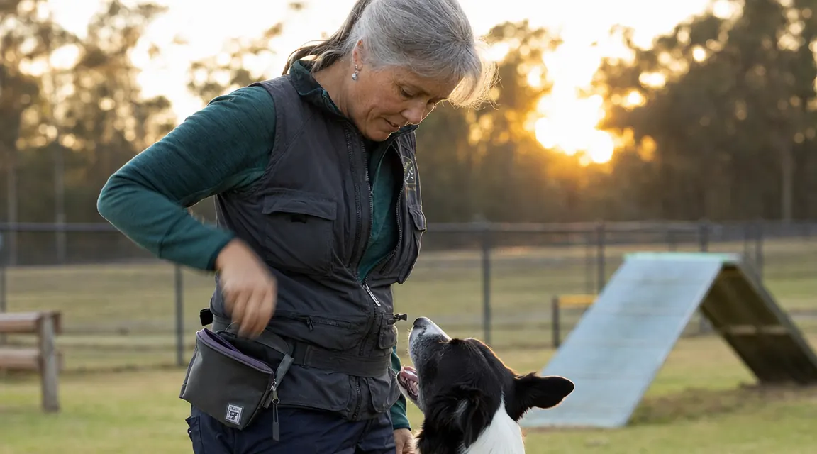 Dog trainer rewarding a dog with a treat from the open Gobeigo pouch during a recall drill