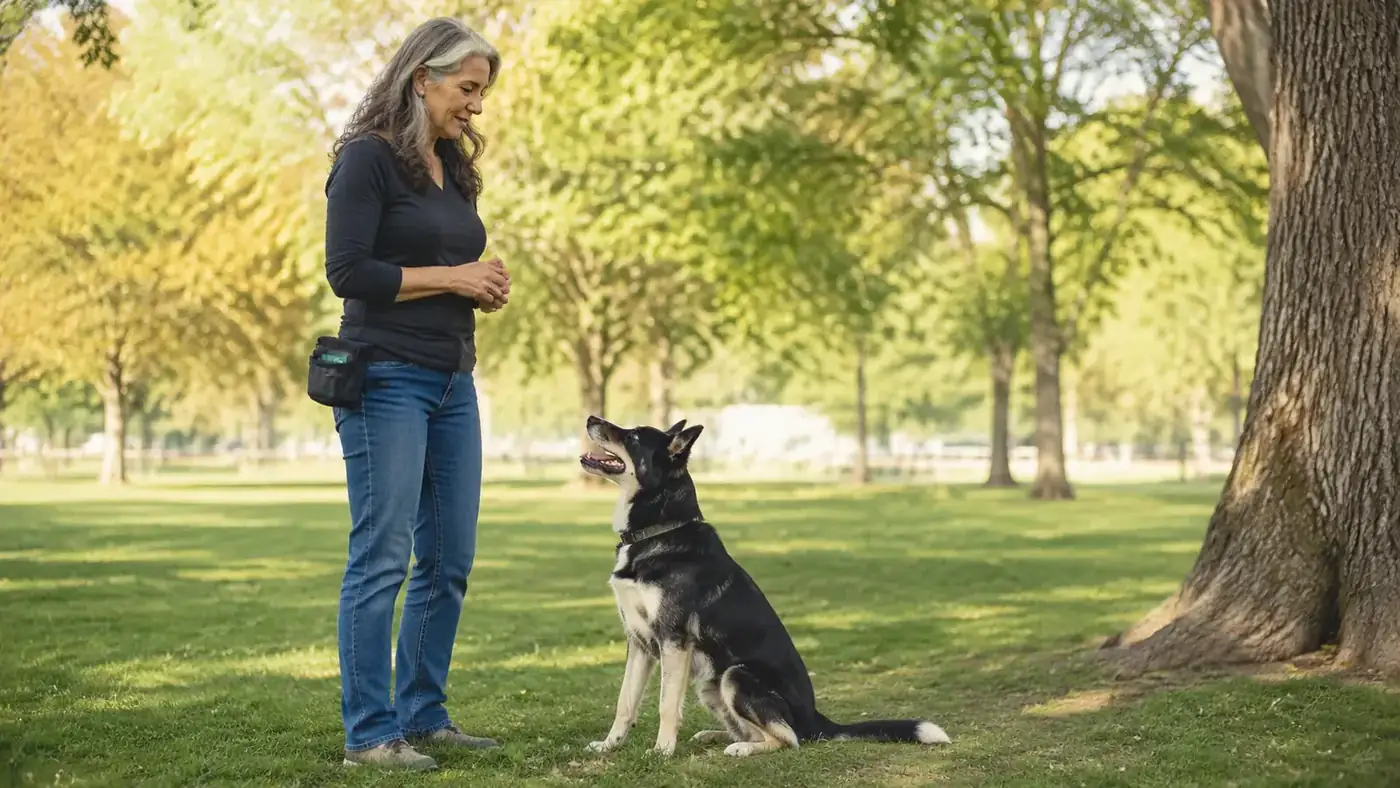 Gobeigo treat pouch clipped to a trainer's waistband at a grassy park, dog looking up attentively