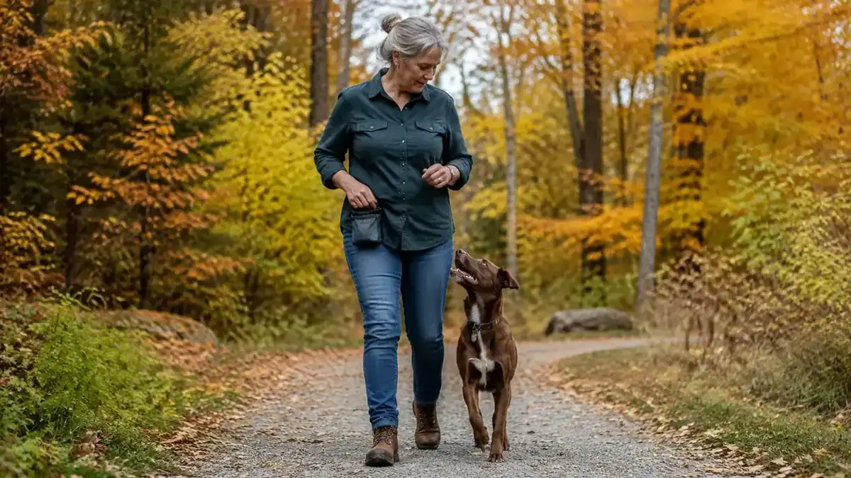 Dog sitting in heel position beside owner on a gravel trail, owner's hand reaching toward treat pouch