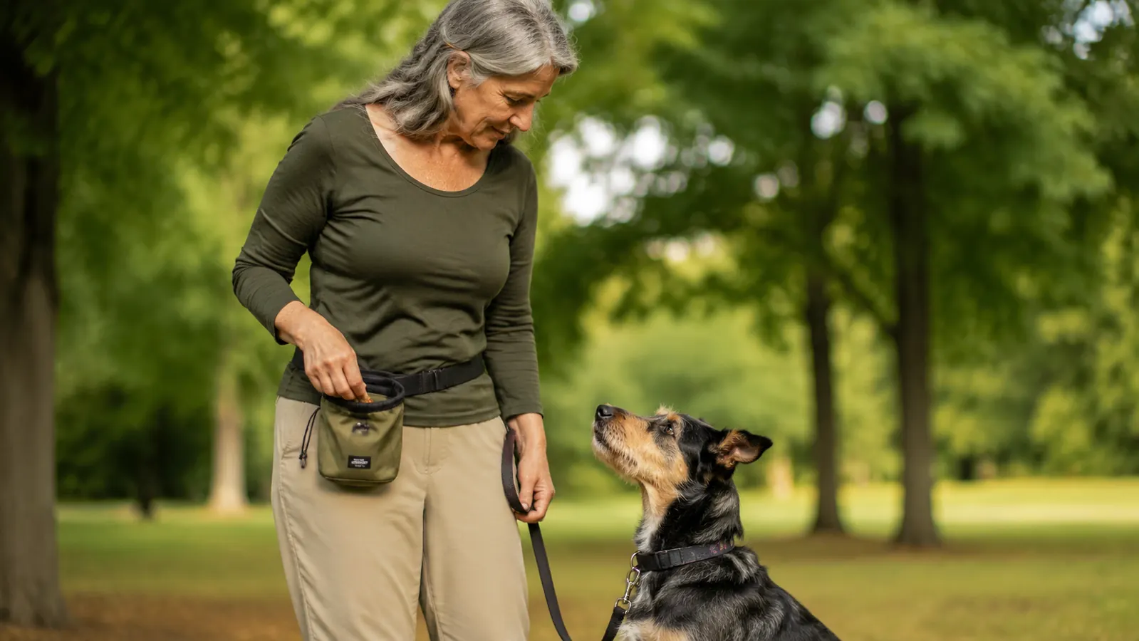Person clipping a treat pouch to their waist belt before a morning dog training session at a suburban park