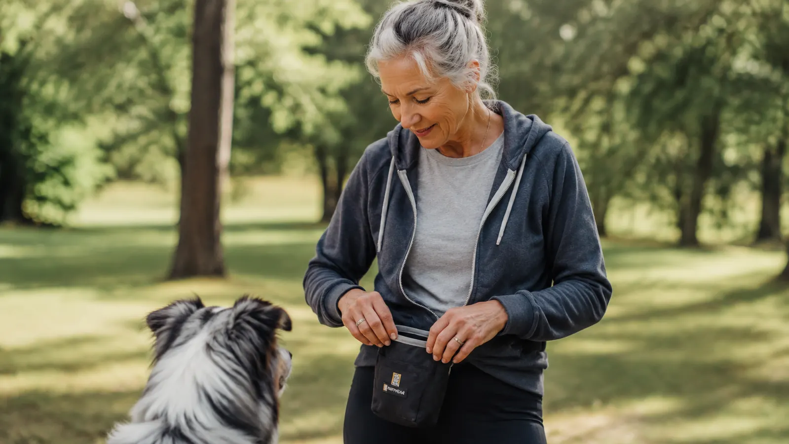 Trainer at a park unclipping a magnetic-closure treat pouch from their waist belt during a training session with a medium-sized dog