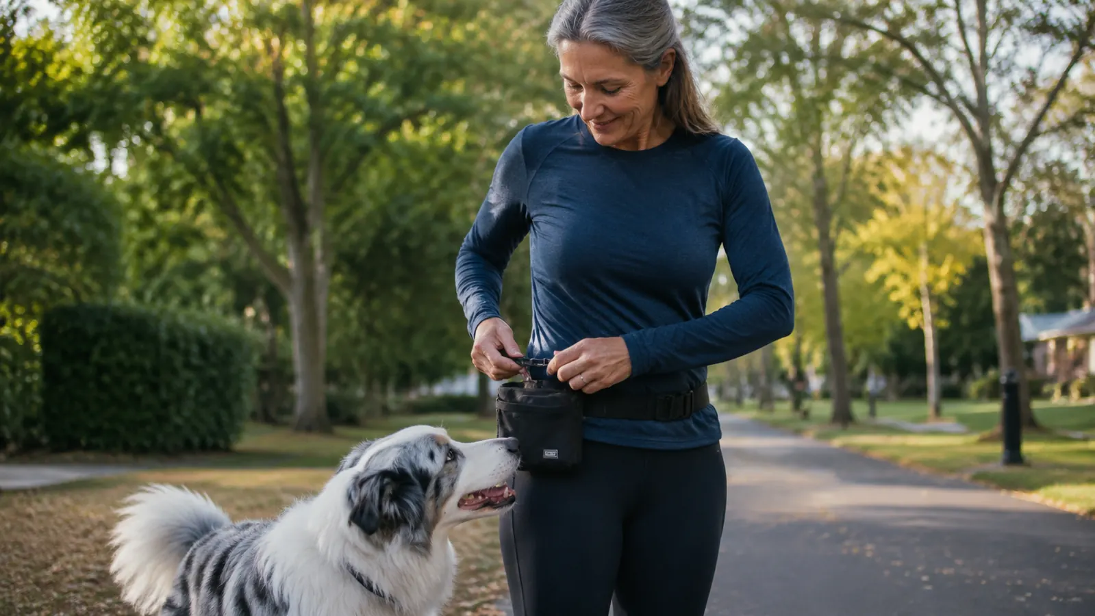 Person clipping a treat pouch to their belt before a morning walk with a dog on a trail through a park