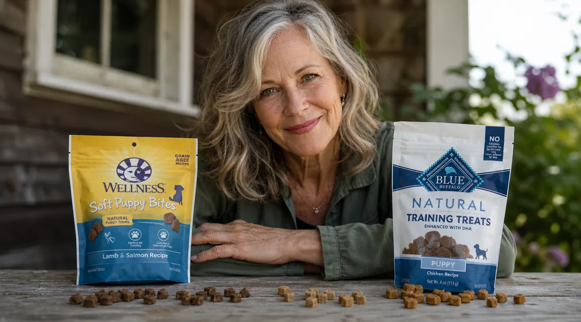 Two treat pouches side by side on a wooden surface, one compact budget pouch and one rugged outdoor pouch, with dog treats scattered nearby