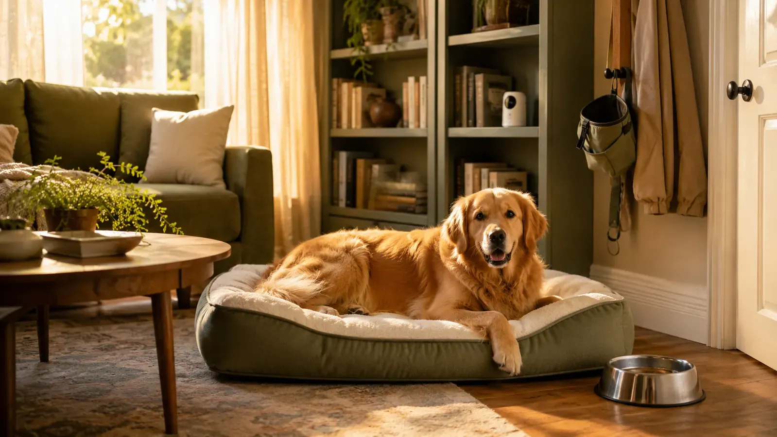 A woman in her late fifties on a sunlit back porch with a senior golden retriever resting on an orthopedic bed beside her, calm morning light